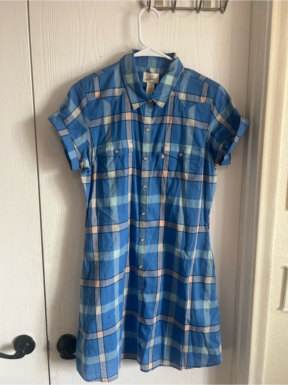 Levi’s Vintage Blue Plaid Checkered  Button Front Mini Shirt Dress Cotton Size M